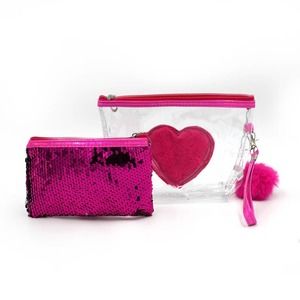 2 Pc Hot Pink Sequin Heart Cosmetic Bag Set Barbiecore